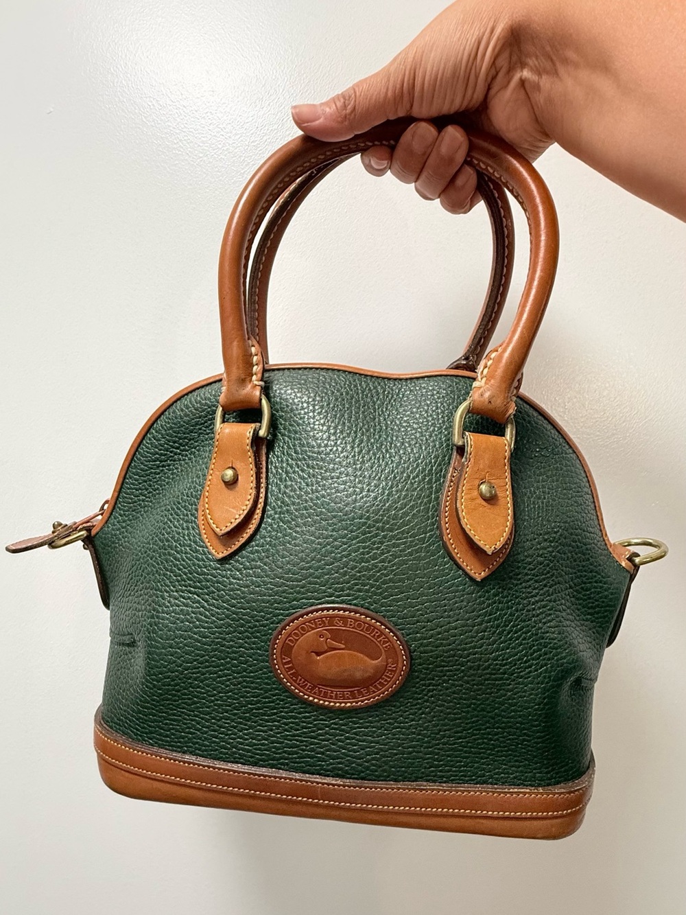 Vintage Dooney & Bourke Forest Green Pebbled Leather Satchel with Tan Trim